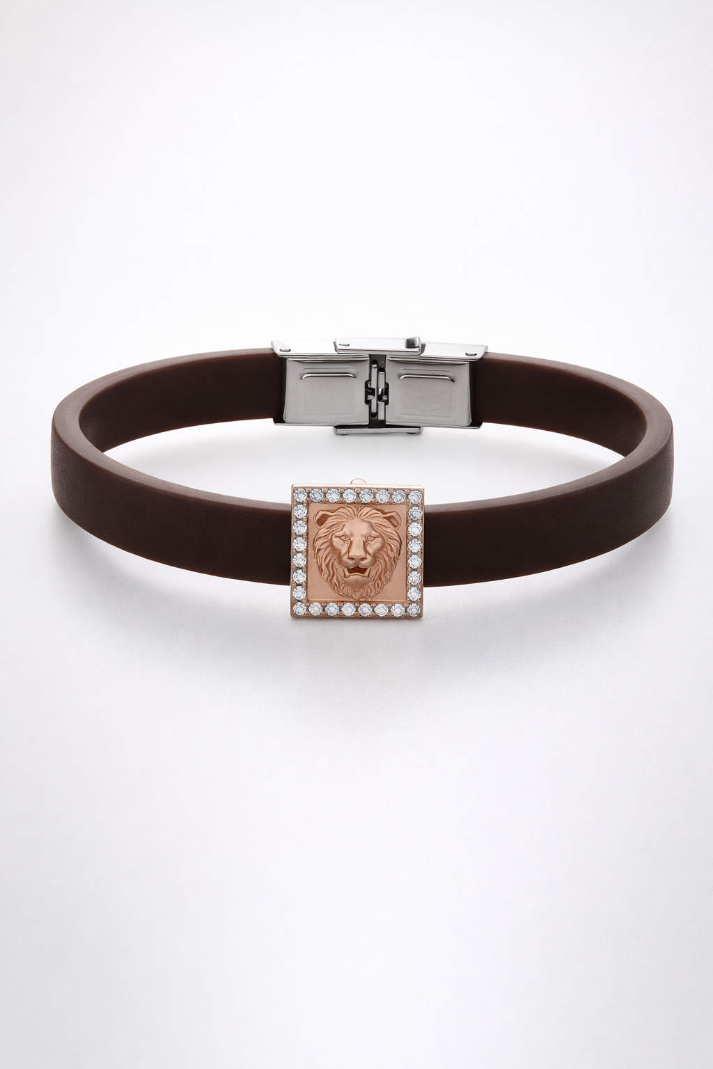 High-End Brown Silicone Bracelet with Rose Gold Lion Square Diamond Center