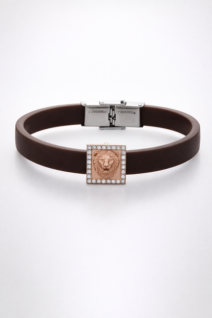 High-End Brown Silicone Bracelet with Rose Gold Lion Square Diamond Center