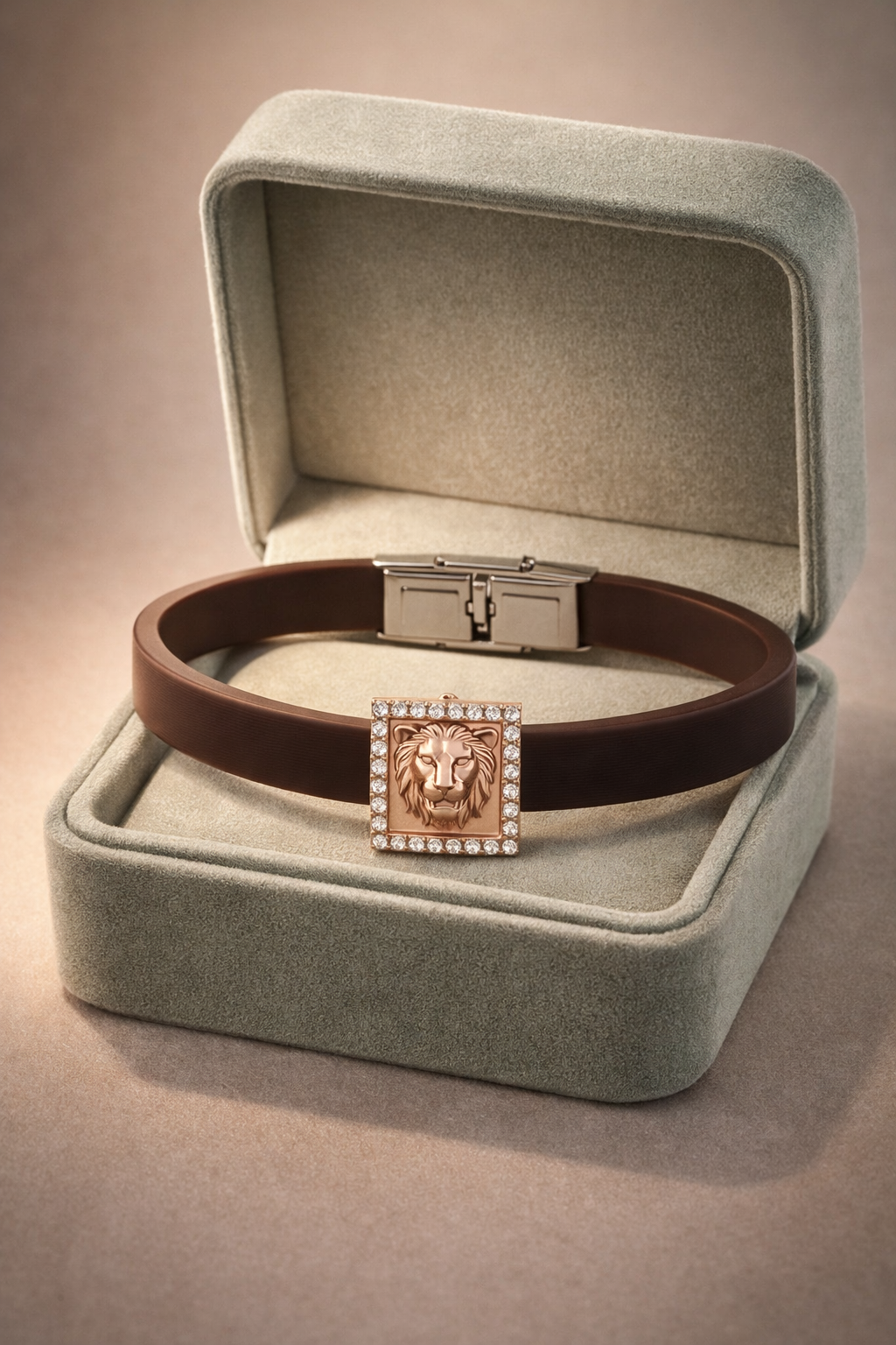 High-End Brown Silicone Bracelet with Rose Gold Lion Square Diamond Center