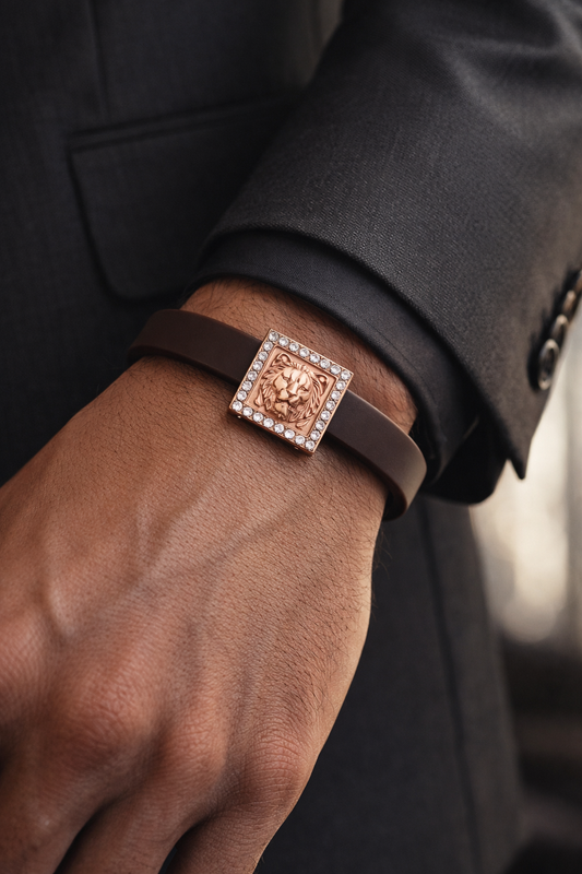 High-End Brown Silicone Bracelet with Rose Gold Lion Square Diamond Center