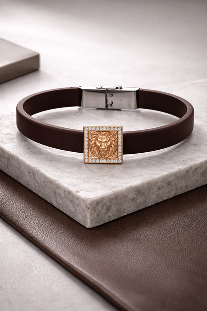 High-End Brown Silicone Bracelet with Rose Gold Lion Square Diamond Center
