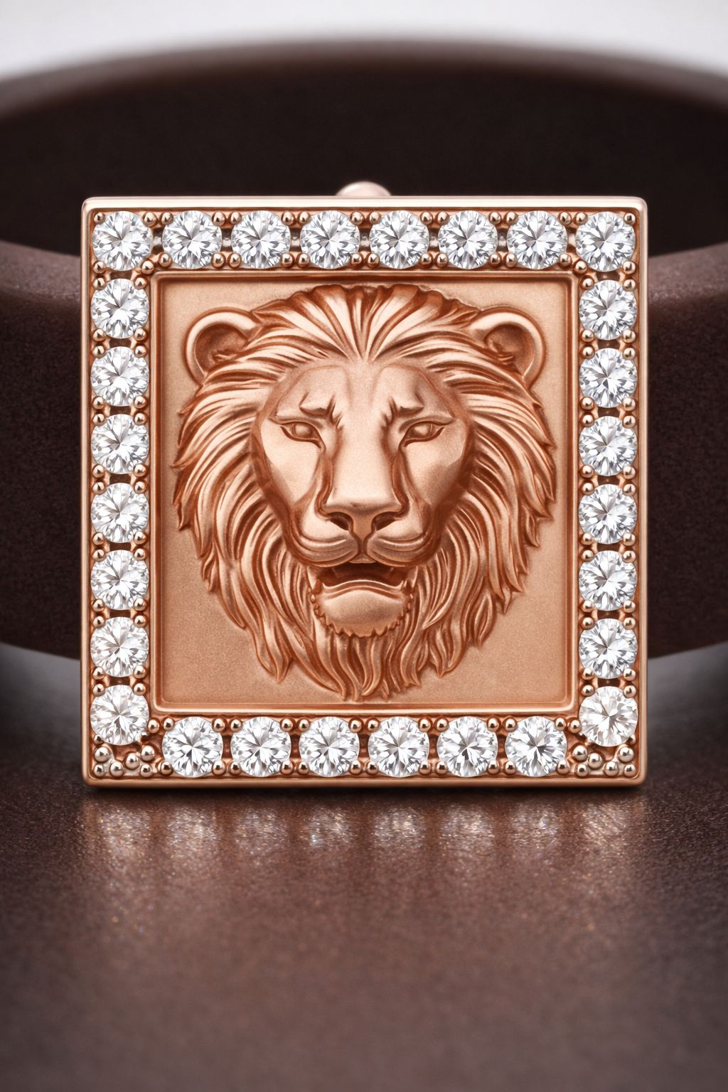 High-End Brown Silicone Bracelet with Rose Gold Lion Square Diamond Center