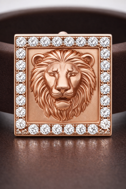 High-End Brown Silicone Bracelet with Rose Gold Lion Square Diamond Center