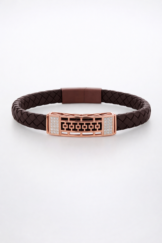 Luxury Braided Brown Bracelet with Rose Gold Geometric Diamond Center