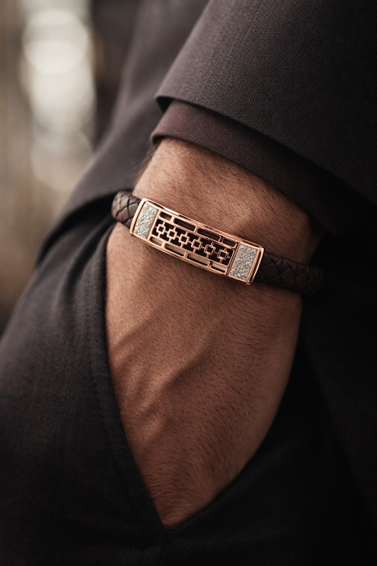 Luxury Braided Brown Bracelet with Rose Gold Geometric Diamond Center
