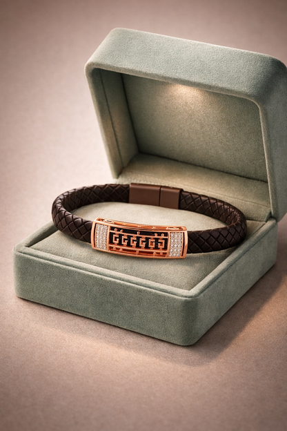 Luxury Braided Brown Bracelet with Rose Gold Geometric Diamond Center