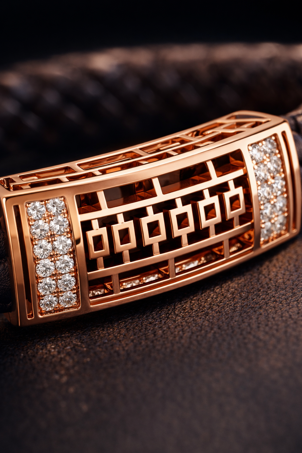 Luxury Braided Brown Bracelet with Rose Gold Geometric Diamond Center