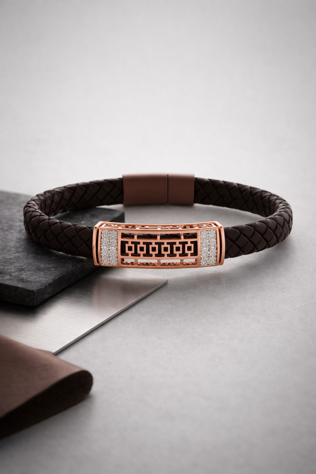 Luxury Braided Brown Bracelet with Rose Gold Geometric Diamond Center