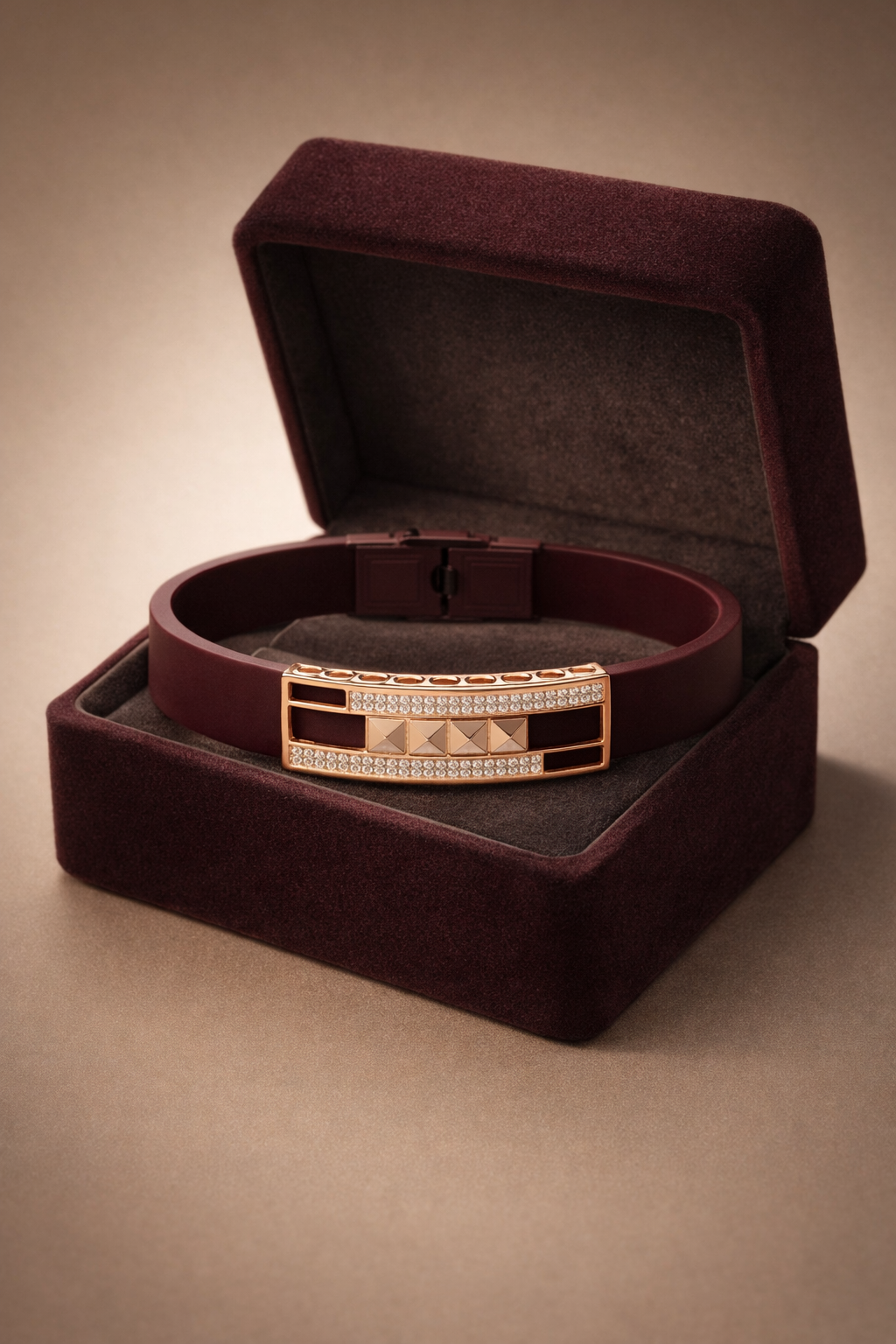 Premium Maroon Silicone Designer Bracelet with Rose Gold Pave Diamond Accent