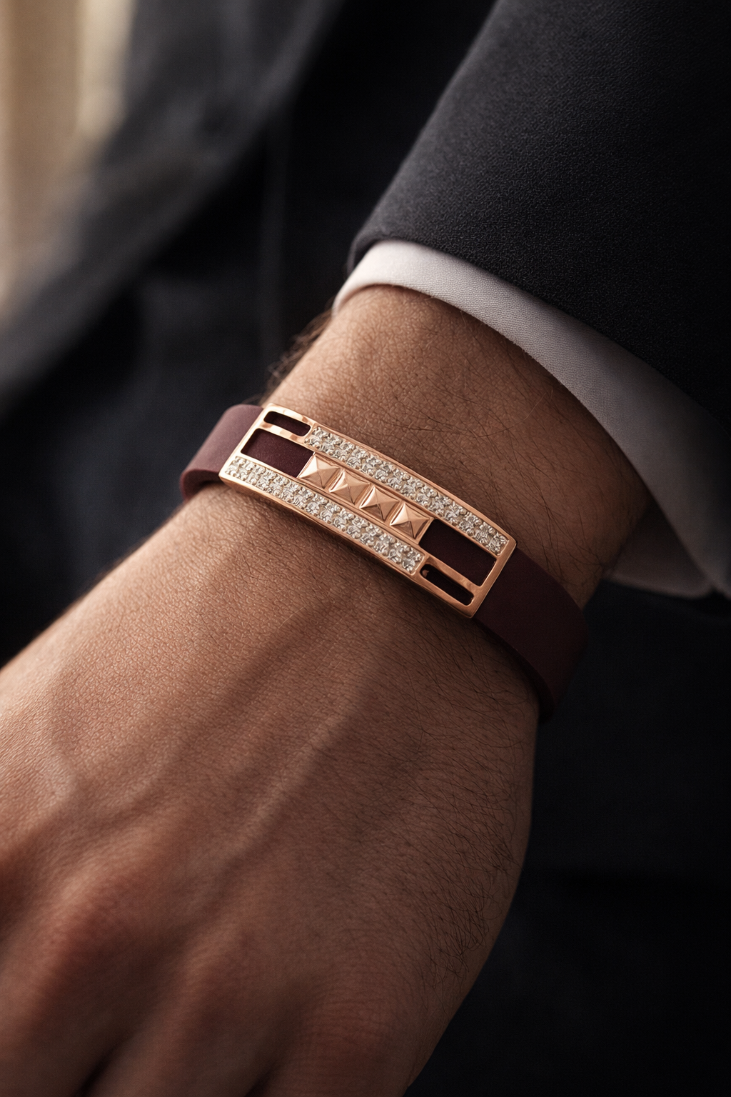 Premium Maroon Silicone Designer Bracelet with Rose Gold Pave Diamond Accent