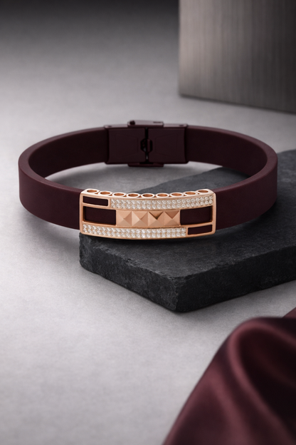 Premium Maroon Silicone Designer Bracelet with Rose Gold Pave Diamond Accent
