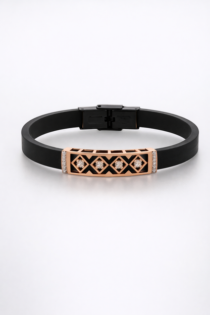 Modern Black Silicone Bracelet with Rose Gold Diamond Lattice Center