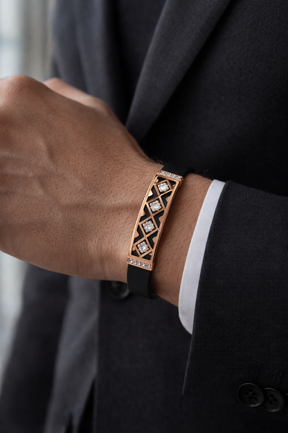 Modern Black Silicone Bracelet with Rose Gold Diamond Lattice Center