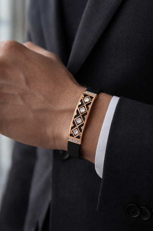 Modern Black Silicone Bracelet with Rose Gold Diamond Lattice Center