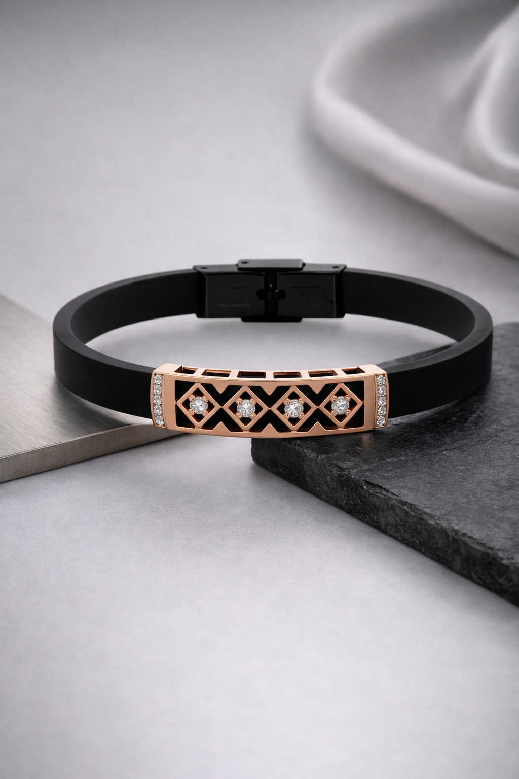 Modern Black Silicone Bracelet with Rose Gold Diamond Lattice Center