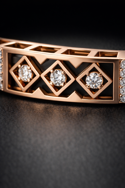Modern Black Silicone Bracelet with Rose Gold Diamond Lattice Center