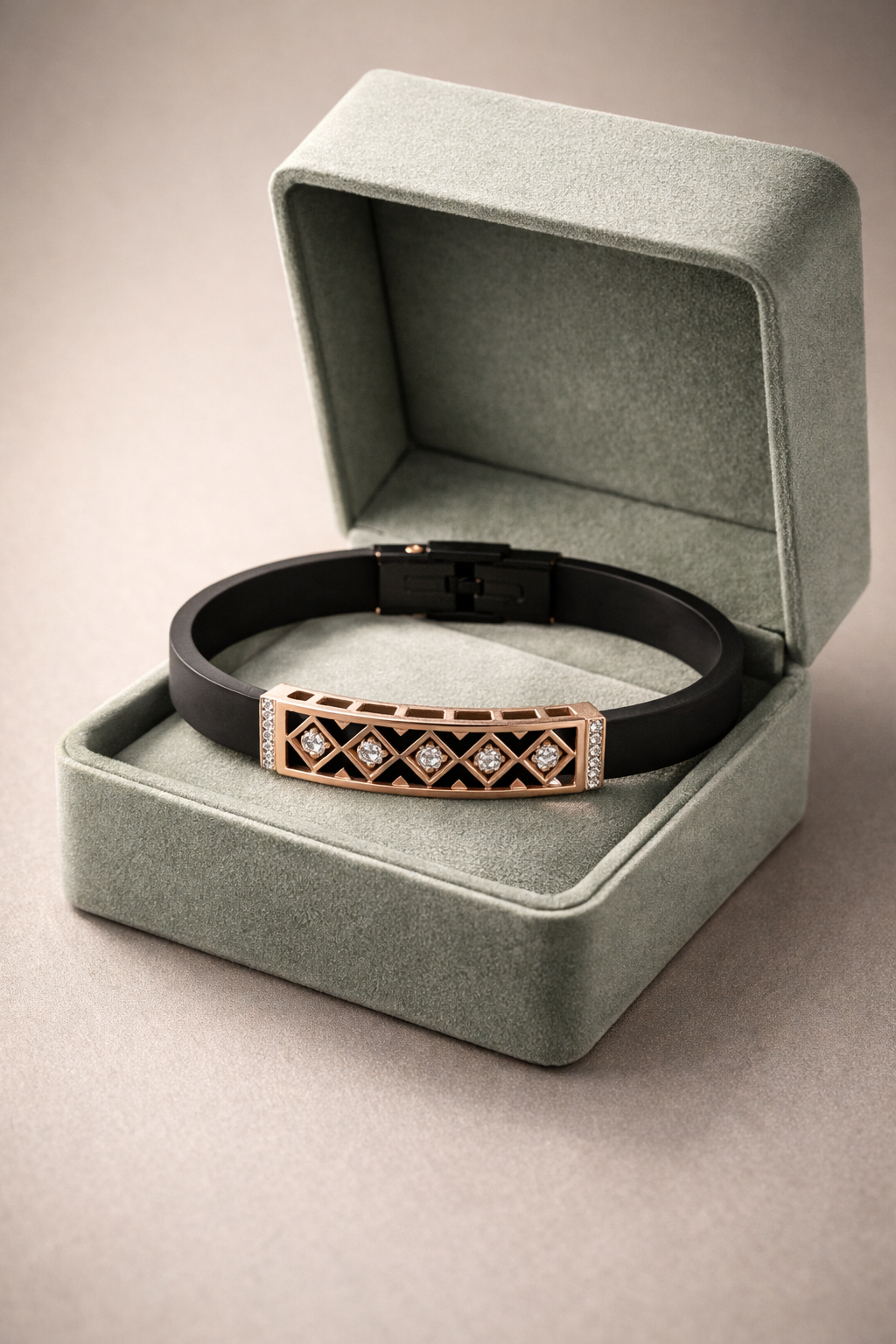 Modern Black Silicone Bracelet with Rose Gold Diamond Lattice Center