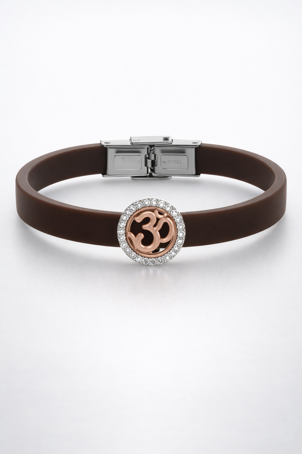 Luxury Brown Silicone Bracelet with Rose Gold Om Symbol & Diamond Halo