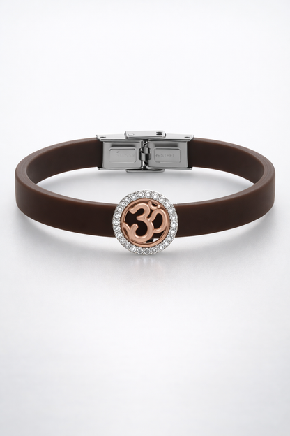 Luxury Brown Silicone Bracelet with Rose Gold Om Symbol & Diamond Halo
