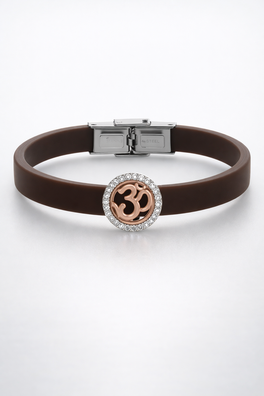 Luxury Brown Silicone Bracelet with Rose Gold Om Symbol & Diamond Halo
