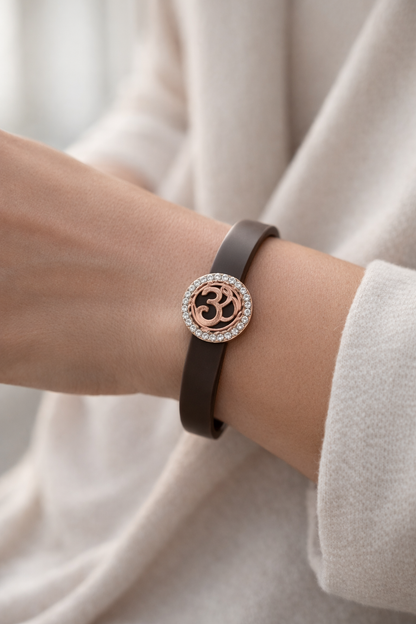 Luxury Brown Silicone Bracelet with Rose Gold Om Symbol & Diamond Halo