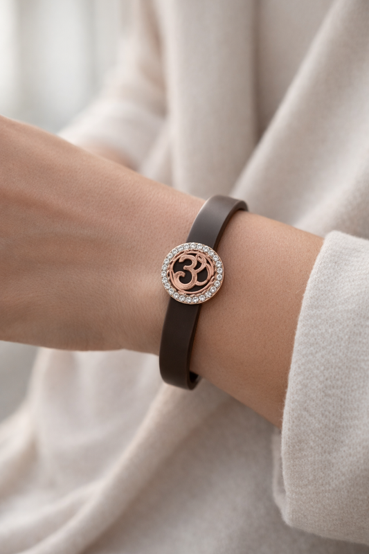 Luxury Brown Silicone Bracelet with Rose Gold Om Symbol & Diamond Halo