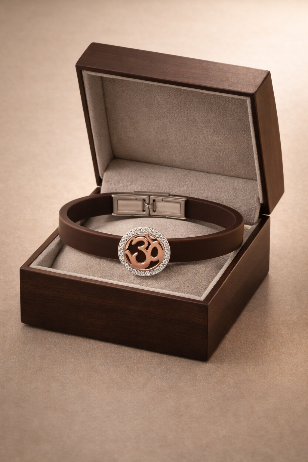 Luxury Brown Silicone Bracelet with Rose Gold Om Symbol & Diamond Halo