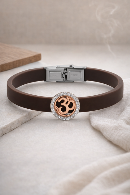 Luxury Brown Silicone Bracelet with Rose Gold Om Symbol & Diamond Halo