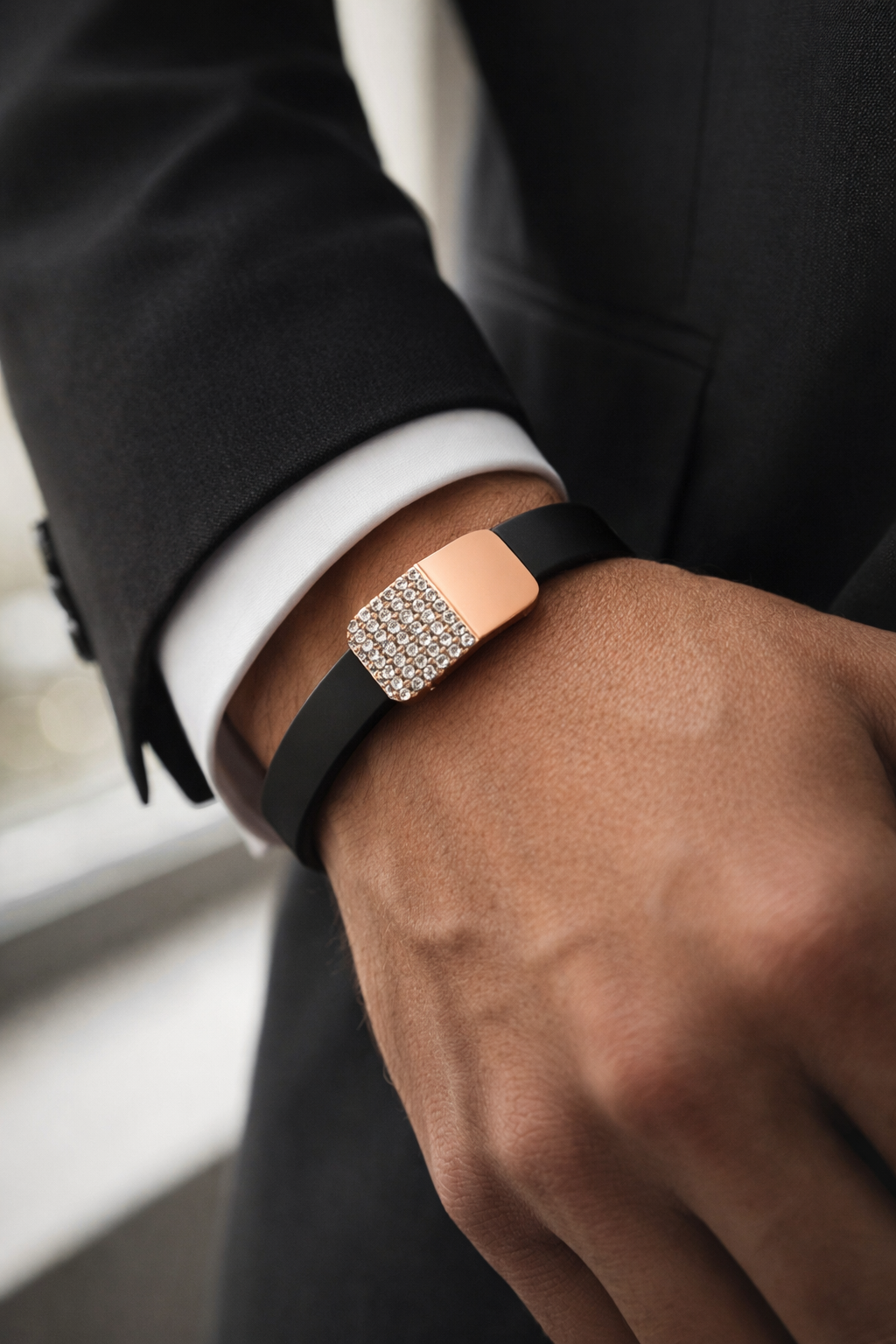 Luxury Black Silicone Bracelet with Rose Gold Diamond Pavé Block