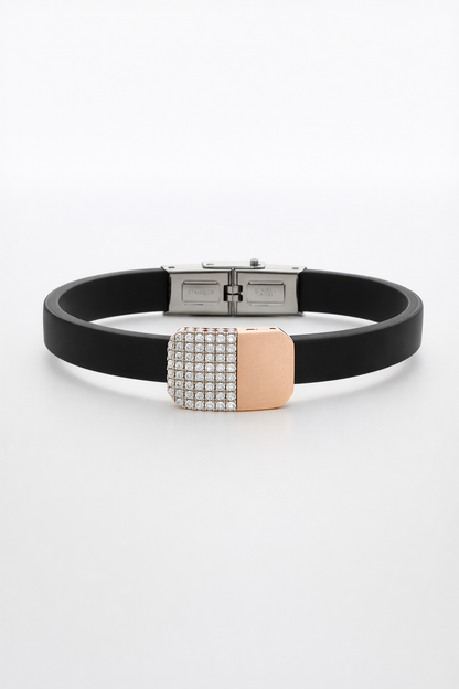 Luxury Black Silicone Bracelet with Rose Gold Diamond Pavé Block