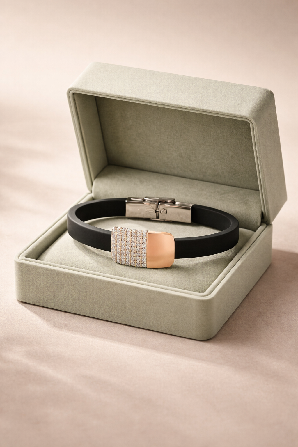 Luxury Black Silicone Bracelet with Rose Gold Diamond Pavé Block