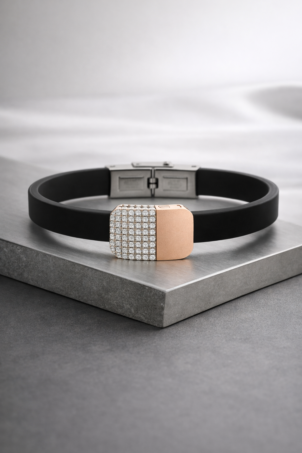 Luxury Black Silicone Bracelet with Rose Gold Diamond Pavé Block