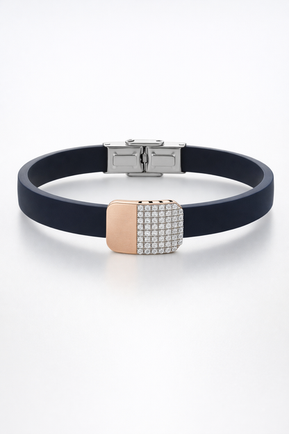 Luxury Black Silicone Bracelet with Rose Gold Diamond Pavé Block