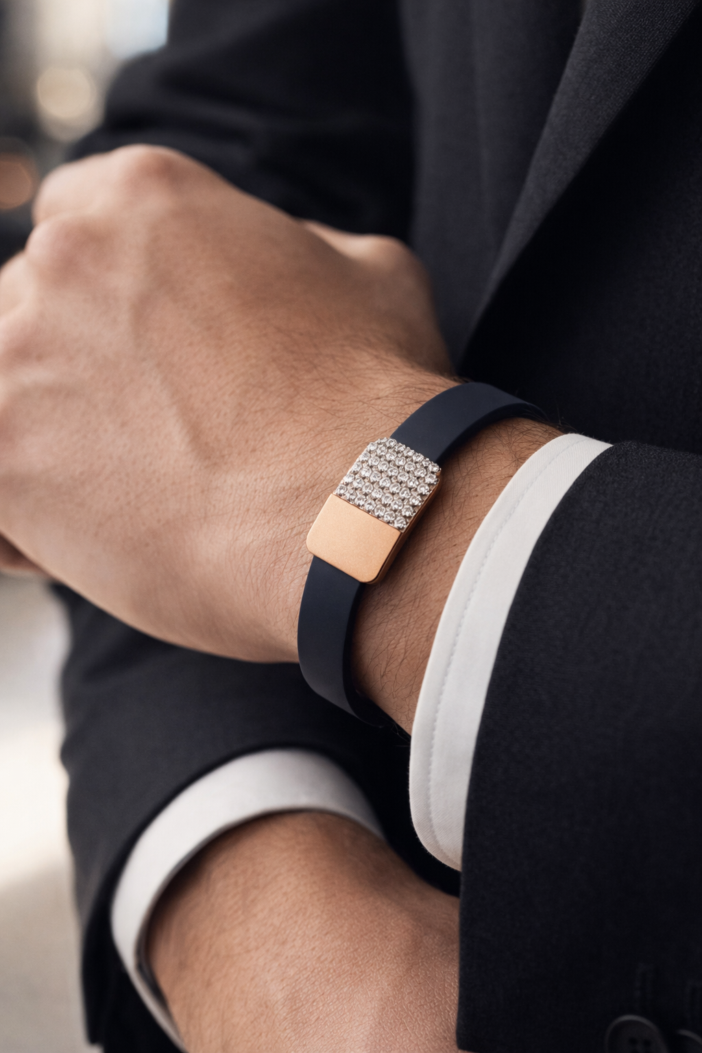 Luxury Black Silicone Bracelet with Rose Gold Diamond Pavé Block