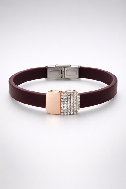 Luxury Black Silicone Bracelet with Rose Gold Diamond Pavé Block