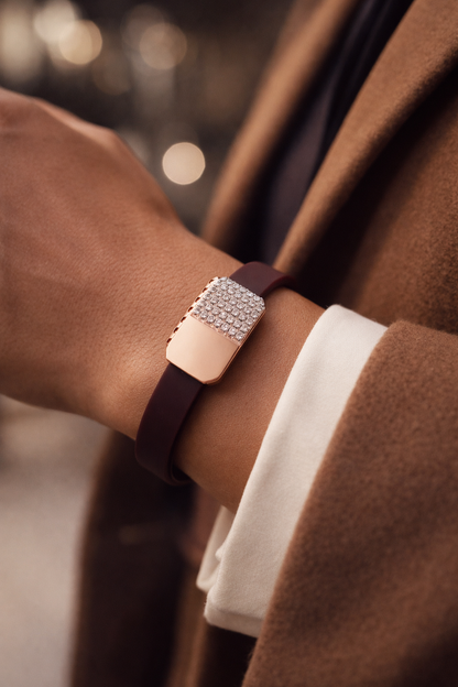 Luxury Black Silicone Bracelet with Rose Gold Diamond Pavé Block