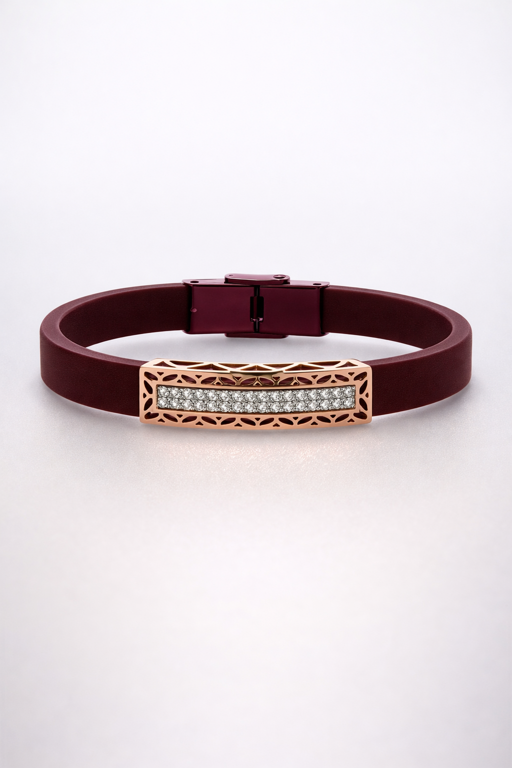 Premium Maroon Silicone Designer Bracelet with Rose Gold Cutwork Diamond Strip