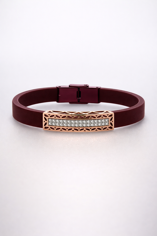 Premium Maroon Silicone Designer Bracelet with Rose Gold Cutwork Diamond Strip