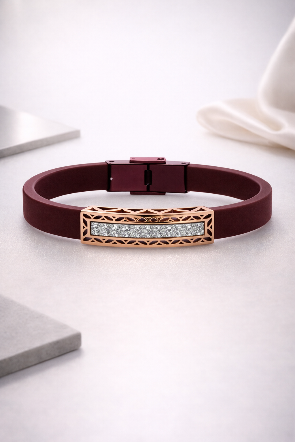 Premium Maroon Silicone Designer Bracelet with Rose Gold Cutwork Diamond Strip