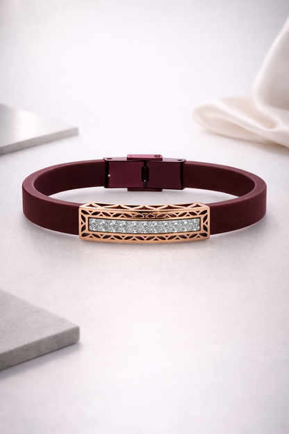 Premium Maroon Silicone Designer Bracelet with Rose Gold Cutwork Diamond Strip