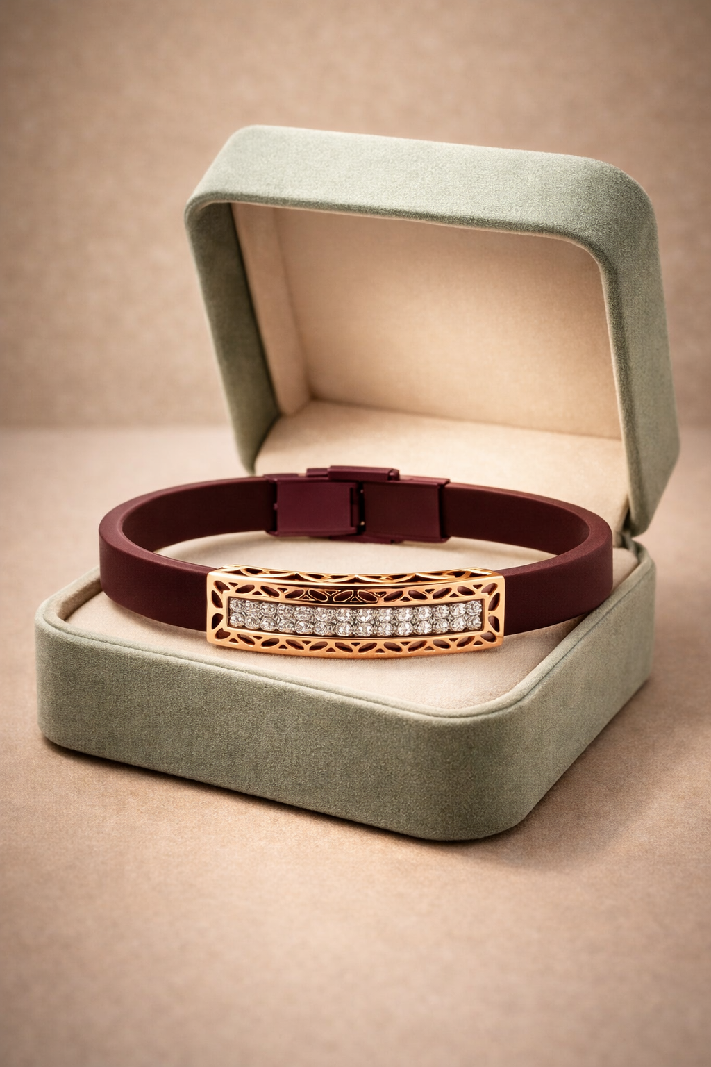 Premium Maroon Silicone Designer Bracelet with Rose Gold Cutwork Diamond Strip