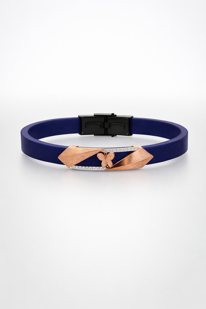 Luxury Navy Blue Silicone Bracelet with Rose Gold Butterfly & Diamond Detail