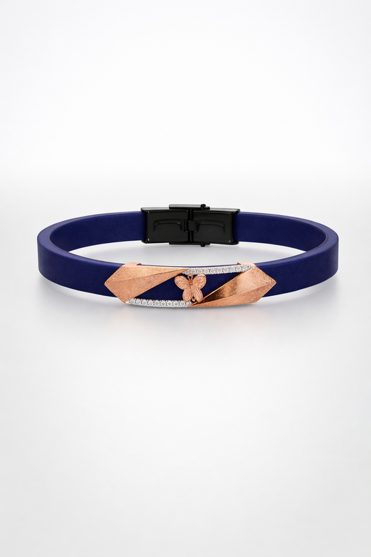 Luxury Navy Blue Silicone Bracelet with Rose Gold Butterfly & Diamond Detail