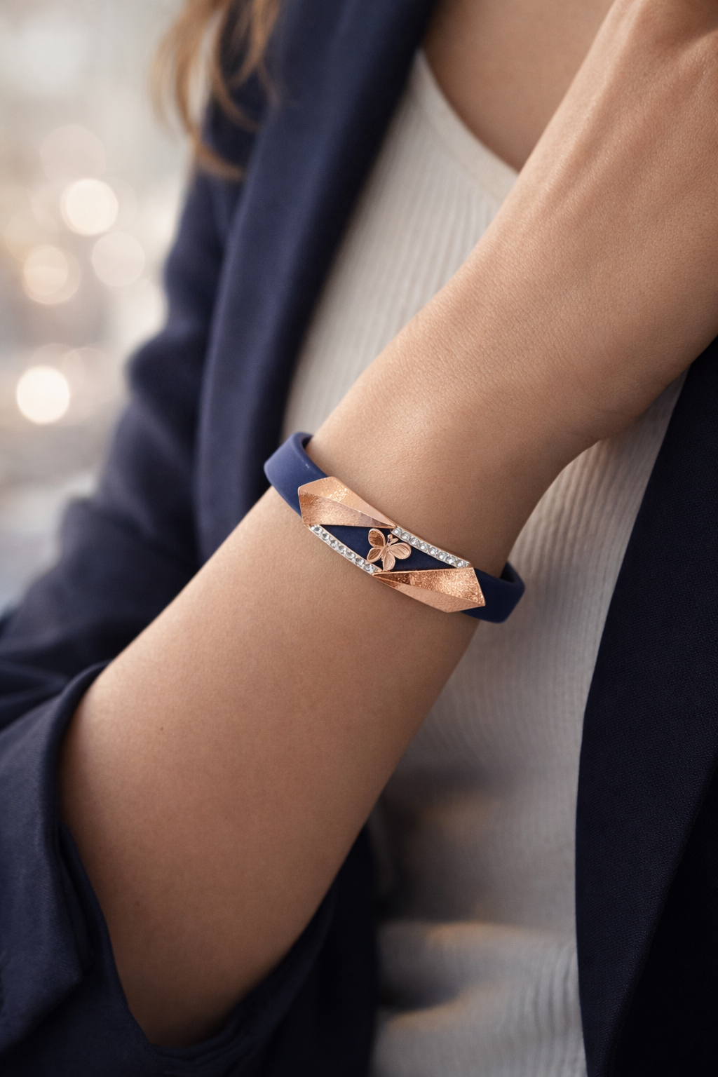 Luxury Navy Blue Silicone Bracelet with Rose Gold Butterfly & Diamond Detail
