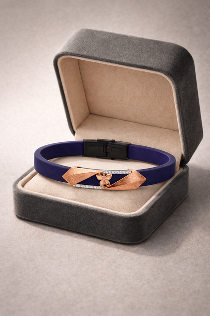 Luxury Navy Blue Silicone Bracelet with Rose Gold Butterfly & Diamond Detail
