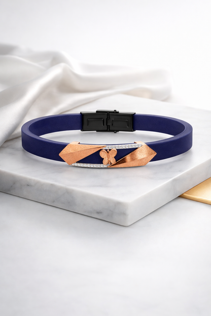 Luxury Navy Blue Silicone Bracelet with Rose Gold Butterfly & Diamond Detail