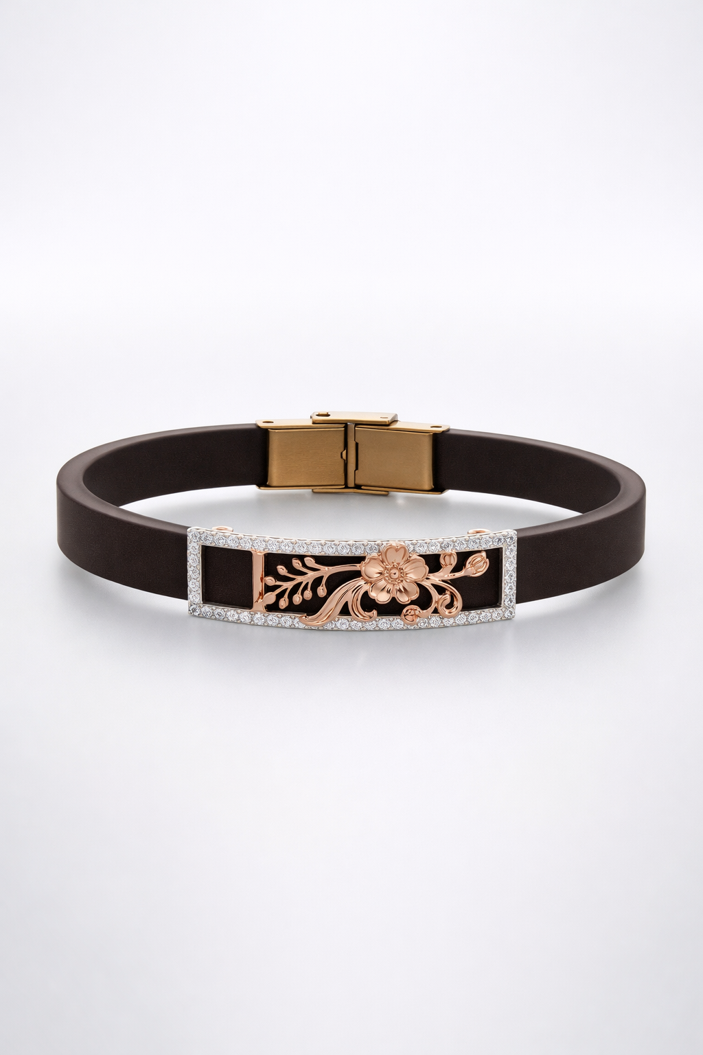 Designer Black Silicone Bracelet with Rose Gold Floral Charm & Diamond Frame