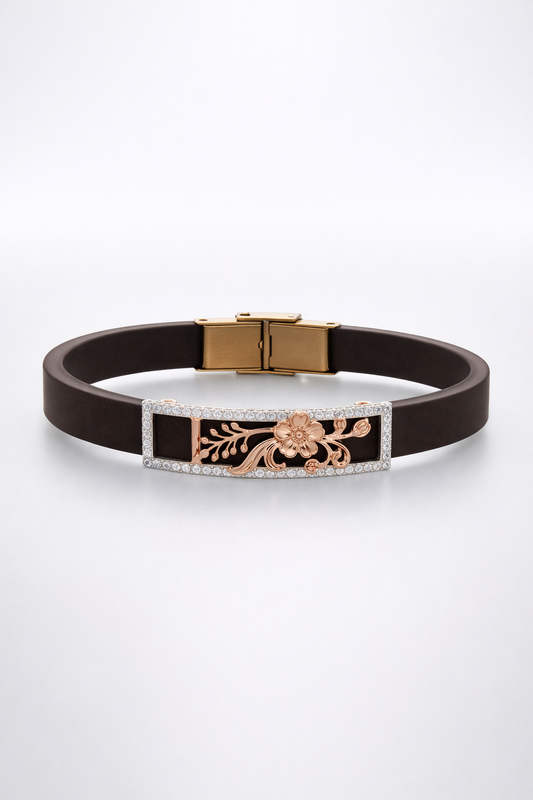 Designer Black Silicone Bracelet with Rose Gold Floral Charm & Diamond Frame