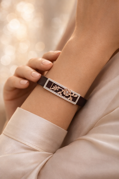 Designer Black Silicone Bracelet with Rose Gold Floral Charm & Diamond Frame