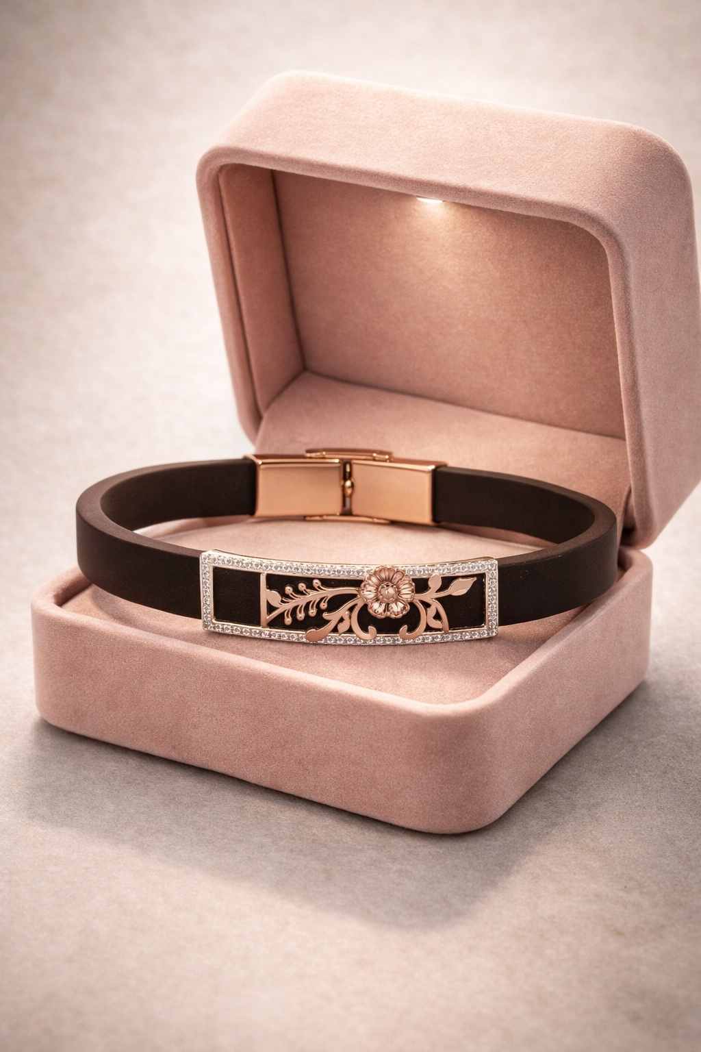 Designer Black Silicone Bracelet with Rose Gold Floral Charm & Diamond Frame